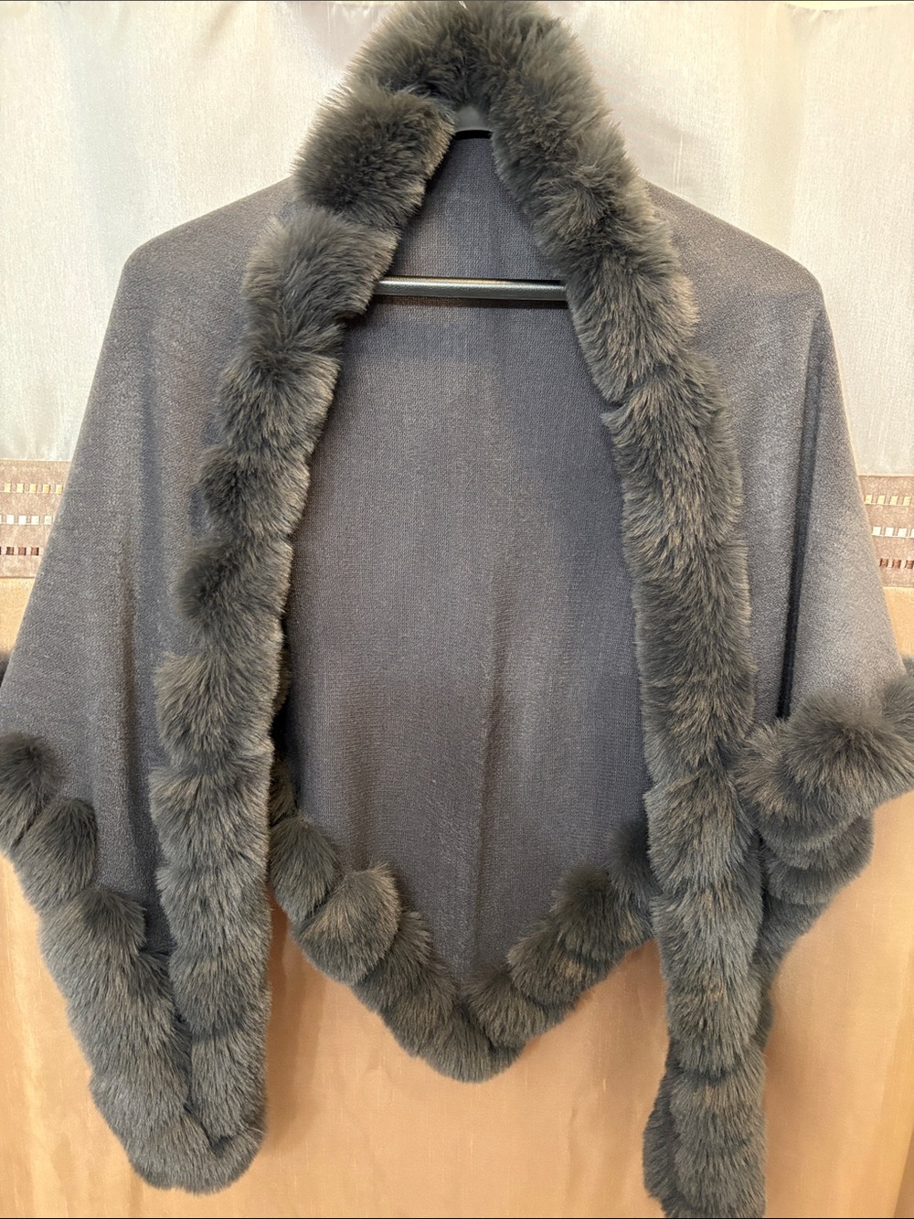 Gray Faux-Fur Trim Women's Wrap Sweater/Poncho